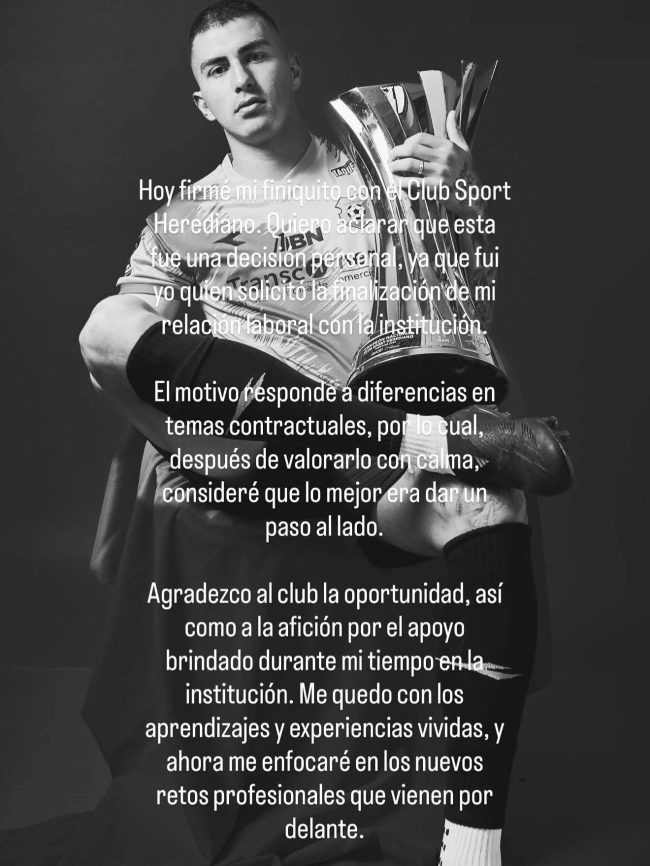 Post de Fernán Faerron tras su salida del Club Sport Herediano. Foto: IG del futbolista.